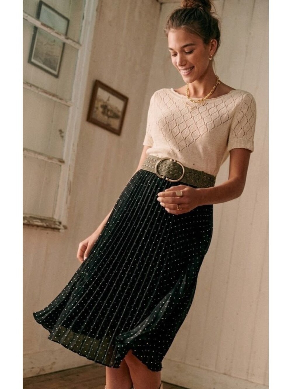 NWT Sezane Dino in Black Polka Dot Pleated Chiffon A-line Midi Skirt 40 / US 8